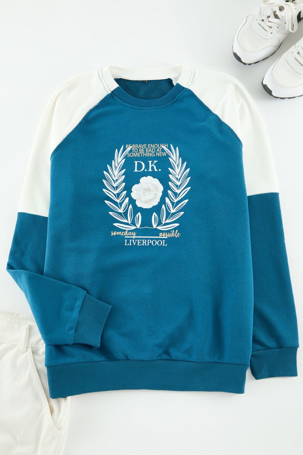 Trendyol Navy Blue Regular Fit Raglan Sleeve Color Block Printed Cotton Sweatshirt