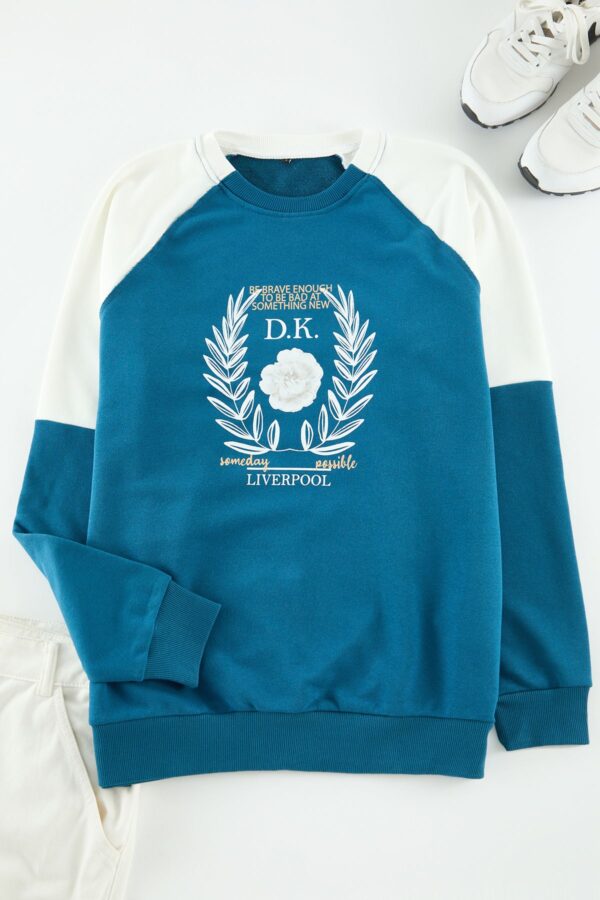 Trendyol Navy Blue Regular Fit Raglan Sleeve Color Block Printed Cotton Sweatshirt