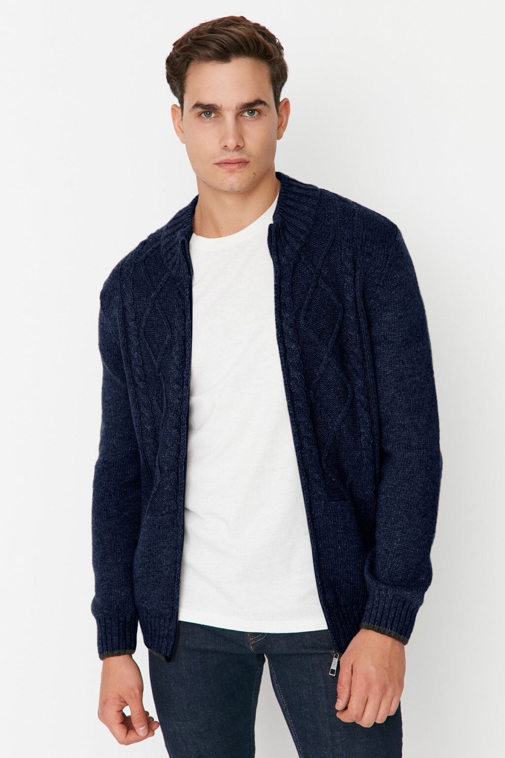 Trendyol Navy Blue Regular Wool Half Turtleneck Baklava Knitwear Cardigan