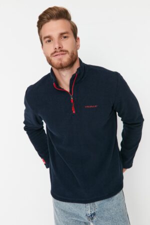 Trendyol Navy Blue Regular/Normal Cut Zippered Stand Collar Anti-pilling Fleece Sweatshirt