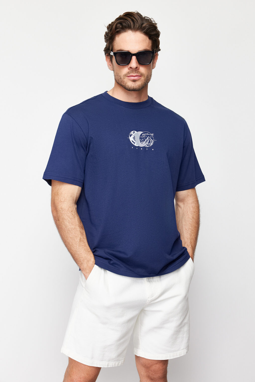 Trendyol Navy Blue Relaxed Cut Printed 100% Cotton T-Shirt
