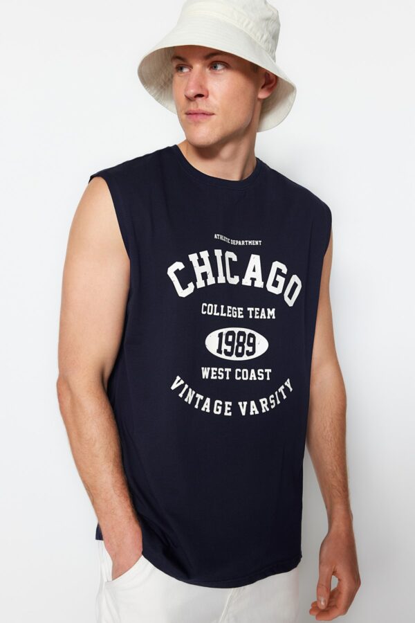 Trendyol Navy Blue Relaxed/Comfortable Cut City Printed 100% Cotton Sleeveless T-Shirt/Athlete