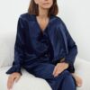 Trendyol Navy Blue Ruffle Detailed Satin Woven Pajama Set