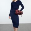 Trendyol Navy Blue Ruffle/Drape Detailed Fitted Long Sleeve Flexible Knitted Dress