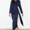 Trendyol Navy Blue Shawl Detailed Satin Evening Dress