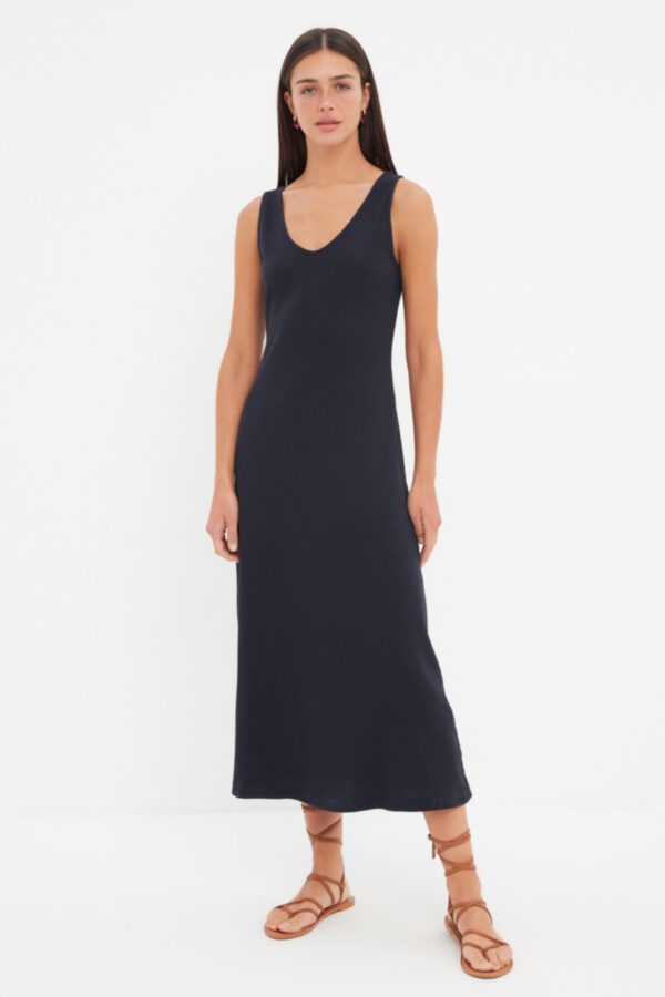 Trendyol Navy Blue Shift/Plain Pool Neck Midi Knitwear Look Flexible Knit Dress
