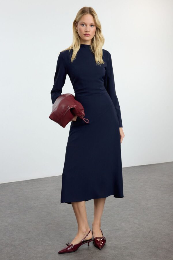 Trendyol Navy Blue Shift/Straight Cut Satin Midi Woven Dress