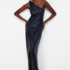 Trendyol Navy Blue Single Sleeve Knitted Sequin Long Elegant Evening Dress