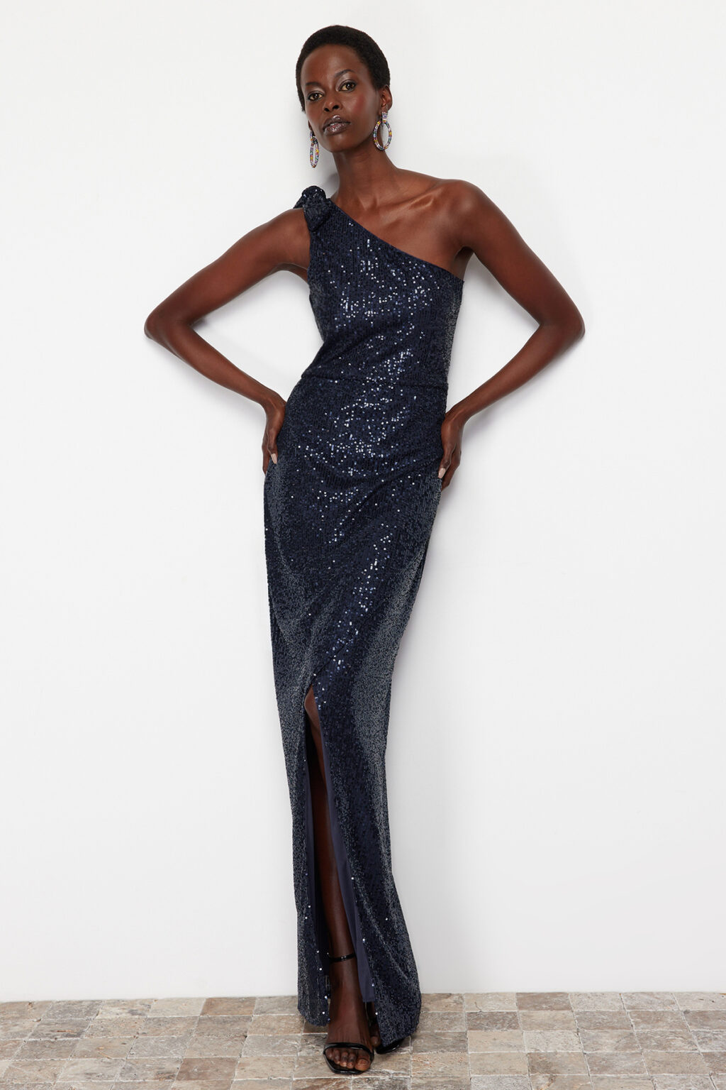 Trendyol Navy Blue Single Sleeve Knitted Sequin Long Elegant Evening Dress