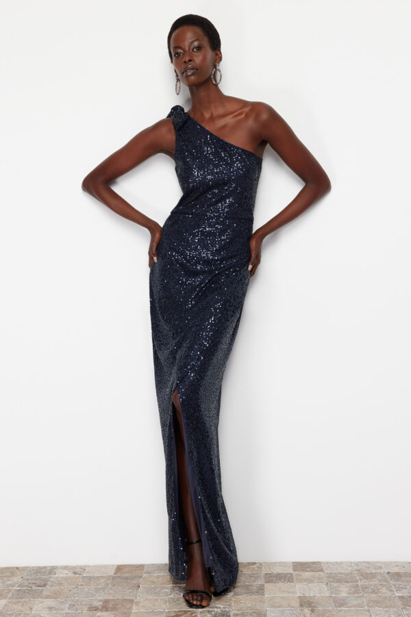Trendyol Navy Blue Single Sleeve Knitted Sequin Long Elegant Evening Dress