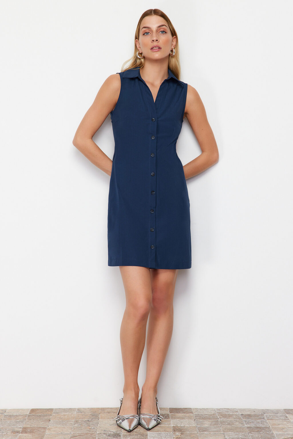 Trendyol Navy Blue Sleeveless Mini Woven Shirt Dress