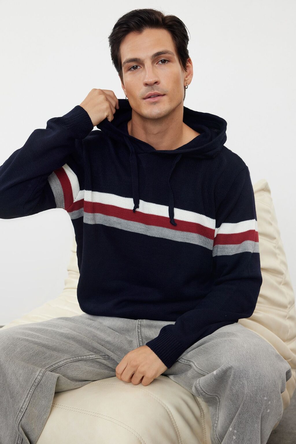 Trendyol Navy Blue Slim Fit Hooded Striped Knitwear Sweater