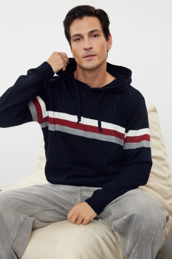 Trendyol Navy Blue Slim Fit Hooded Striped Knitwear Sweater