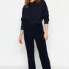 Trendyol Navy Blue Soft Feel Velvet Lace Detail Knitted Pajama Bottoms