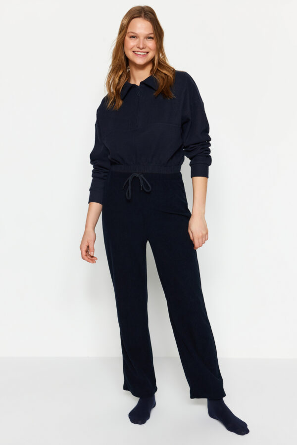 Trendyol Navy Blue Soft Feel Velvet Lace Detail Knitted Pajama Bottoms
