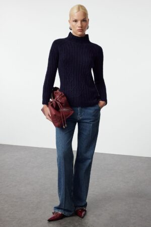 Trendyol Navy Blue Soft Texture Knit Detailed Stand Collar Seamless Knitwear Sweater Trendyol Navy Blue Soft Texture Knit Detailed Stand Collar Seamless Knitwear Sweater