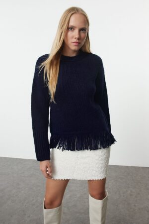 Trendyol Navy Blue Soft Textured Tassel Detailed Knitwear Sweater Trendyol Navy Blue Soft Textured Tassel Detailed Knitwear Sweater