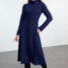 Trendyol Navy Blue Square Stitched A-Line/A-Line Formal Thessaloniki/Knitwear Look Midi Knitted Dress