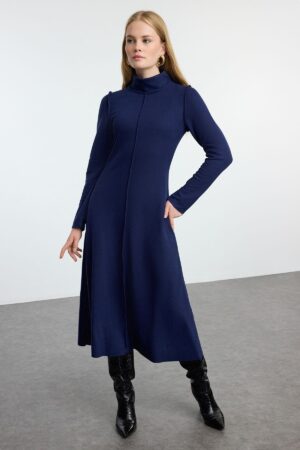 Trendyol Navy Blue Square Stitched A-Line/A-Line Formal Thessaloniki/Knitwear Look Midi Knitted Dress