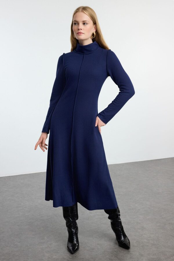 Trendyol Navy Blue Square Stitched A-Line/A-Line Formal Thessaloniki/Knitwear Look Midi Knitted Dress