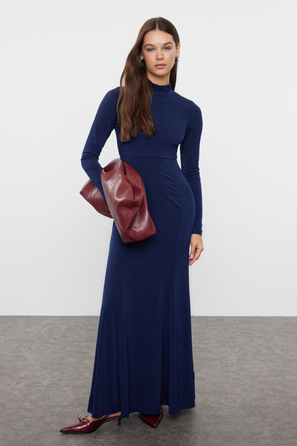 Trendyol Navy Blue Straight Fitted Maxi High Collar Stretchy Knitted Dress
