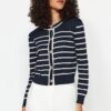 Trendyol Navy Blue Striped Buttoned Jacket-Look Knitwear Cardigan