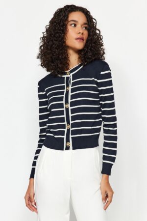 Trendyol Navy Blue Striped Buttoned Jacket-Look Knitwear Cardigan Trendyol Navy Blue Striped Buttoned Jacket-Look Knitwear Cardigan