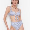 Trendyol Navy Blue Striped High Waist Bikini Bottoms