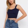 Trendyol Navy Blue Sweetheart Neck Crop Knit Blouse