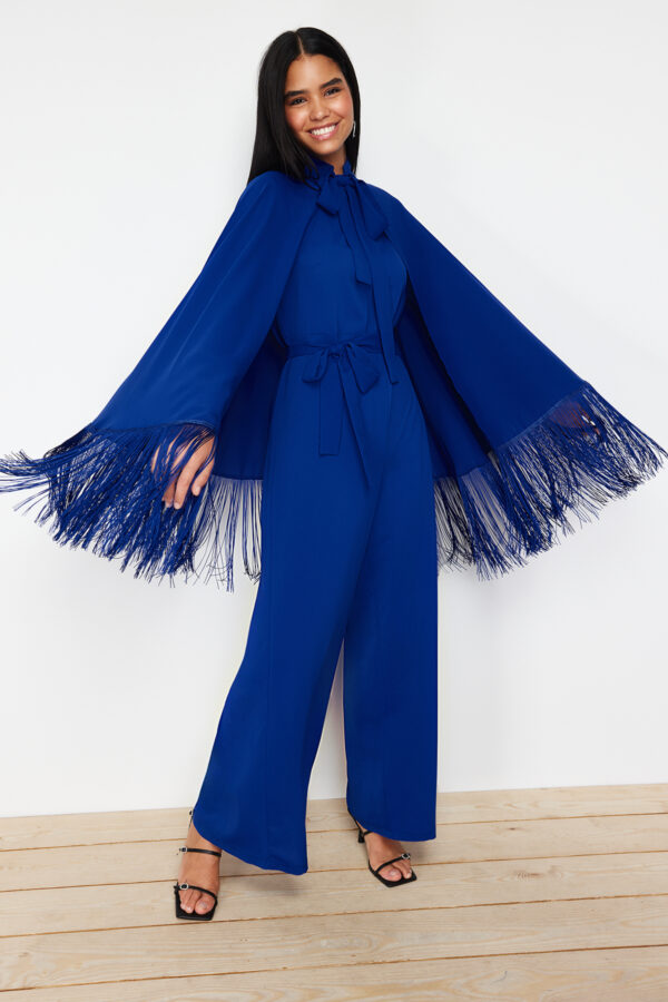 Trendyol Navy Blue Tassel Cape-Jumpsuit Evening Dress Set