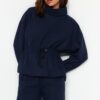 Trendyol Navy Blue Thessaloniki/Knitwear Look High Neck Gathered Regular Fit Knitted Sweatshirt