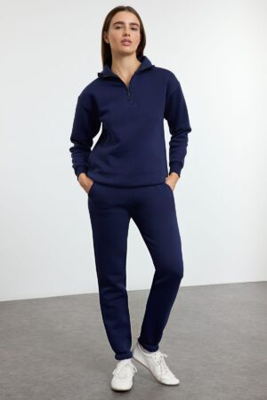 Trendyol Navy Blue Thick Polar Fleece Zippered Stand Collar Jogger Knitted Tracksuit