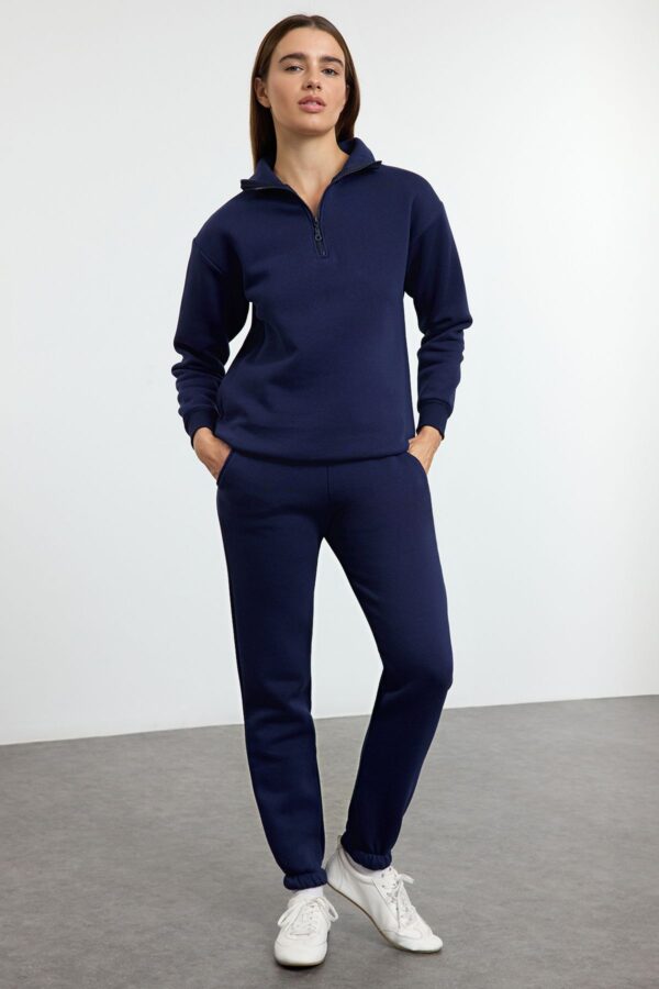 Trendyol Navy Blue Thick Polar Fleece Zippered Stand Collar Jogger Knitted Tracksuit