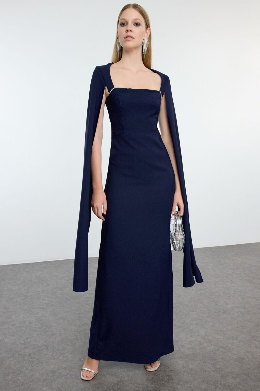 Trendyol Navy Blue Unlined Woven Long Elegant Evening & Graduation Dress