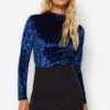 Trendyol Navy Blue Velvet High Neck Slim Fit Long Sleeve Knitted Blouse