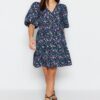 Trendyol Navy Blue Wide Cut Floral Print Mini Woven Dress