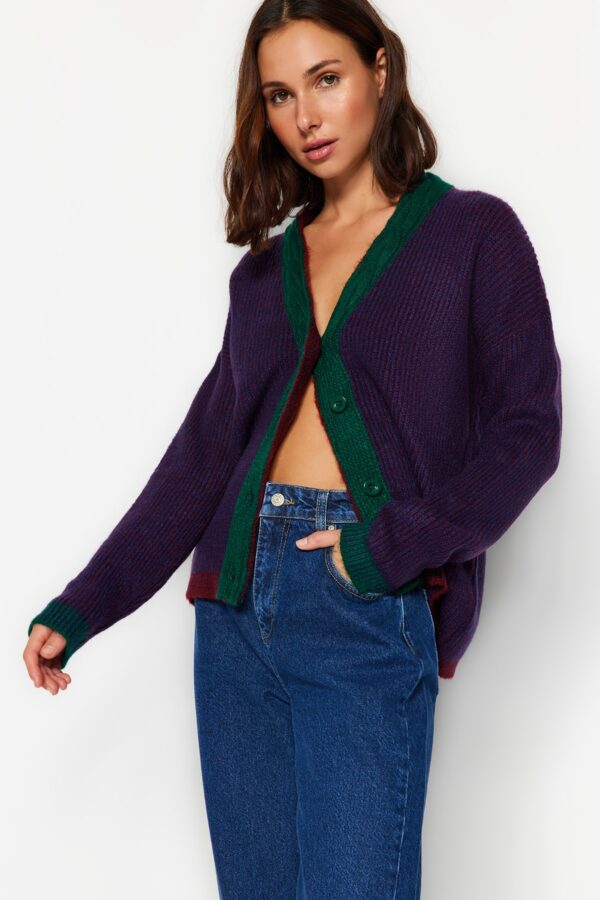 Trendyol Navy Blue Wide Fit puha texturált színes blokk kötöttáru Cardigan