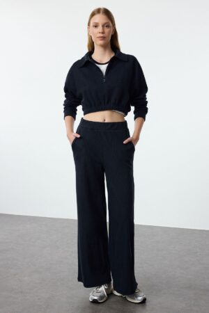 Trendyol Navy Blue Wide Leg/Relaxed Fit Ribbed Knitted Sweatpants