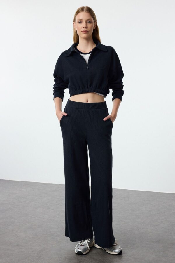 Trendyol Navy Blue Wide Leg/Relaxed Fit Ribbed Knitted Sweatpants