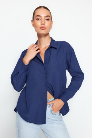 Trendyol Navy Blue bő szabású pamutszövött ing