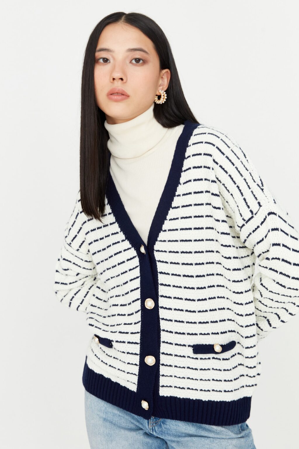 Trendyol Navy Blue széles mintás csíkos kötöttáru Cardigan