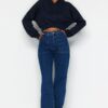 Trendyol Navy Blue zseb részletesen kidolgozott magas derékú széles szárú farmer