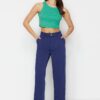 Trendyol Navy Pleat részletes magas derékú egyenes farmer