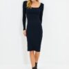 Trendyol Navy Square Neck Fitted Long Sleeve Midi Ribbed Stretch Knit Dress