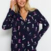 Trendyol Navy Viscose Ski Patterned Shirt-Pants Woven Pajamas Set