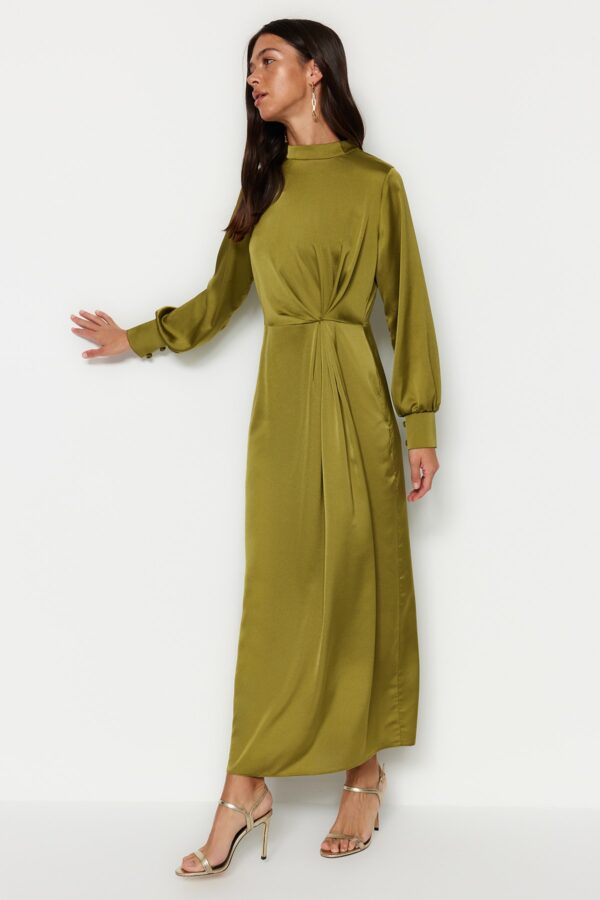 Trendyol Oil Green Pleated Satin Evening Dress