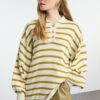 Trendyol Oil Green Striped Balloon Sleeve Polo Neck Knitted Sweater