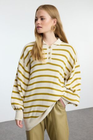 Trendyol Oil Green Striped Balloon Sleeve Polo Neck Knitted Sweater Trendyol Oil Green Striped Balloon Sleeve Polo Neck Knitted Sweater