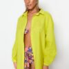 Trendyol Oil Green Weave 100% Cotton Shirt with Balloon Sleeves