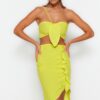 Trendyol Oil Green Weave Pleated One-Shoulder 100% Cotton Blouse and Skirt Set